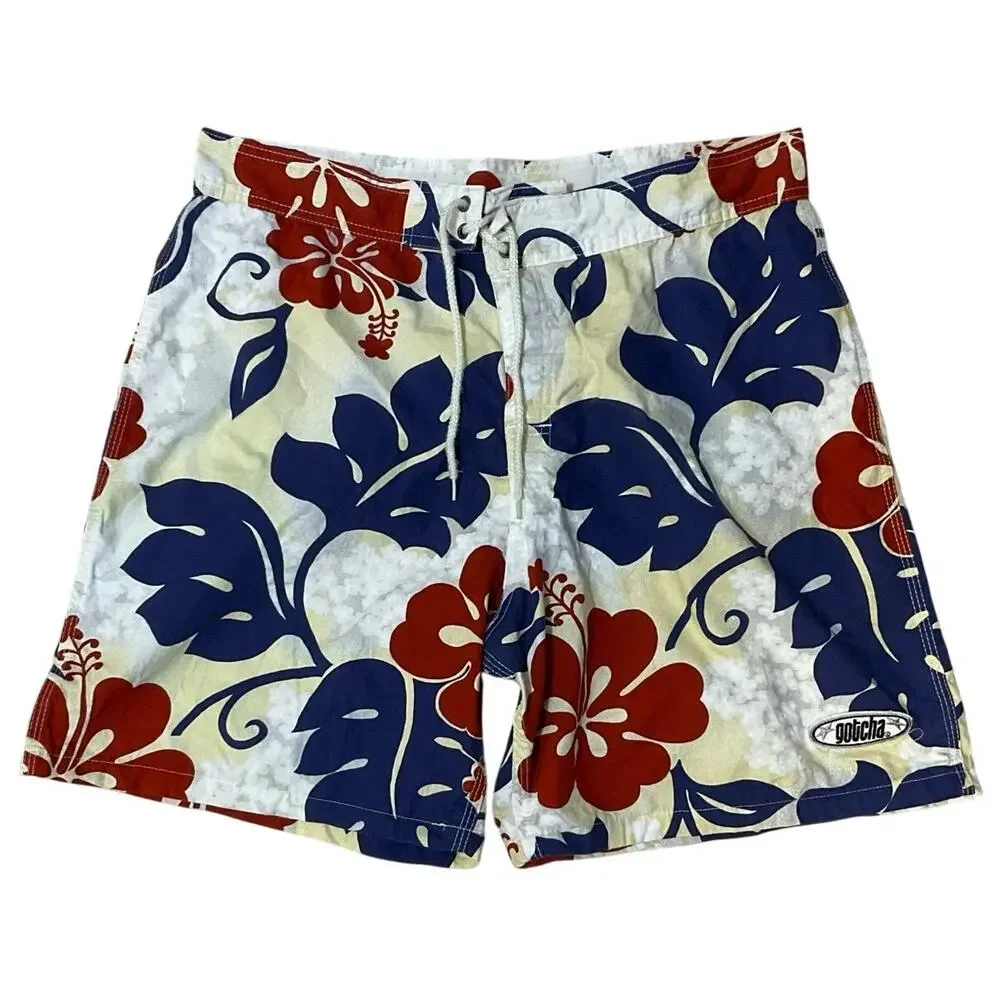 Gotcha Vintage Surf Board Shorts Mens 36 Hawaiian Floral Red Blue Y2K Trunks